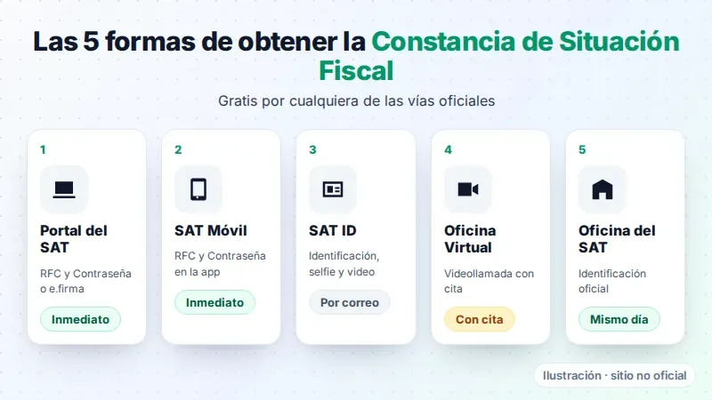 Comparativa de las 5 formas de obtener la Constancia de Situación Fiscal: portal, SAT Móvil, SAT ID, Oficina Virtual y oficina