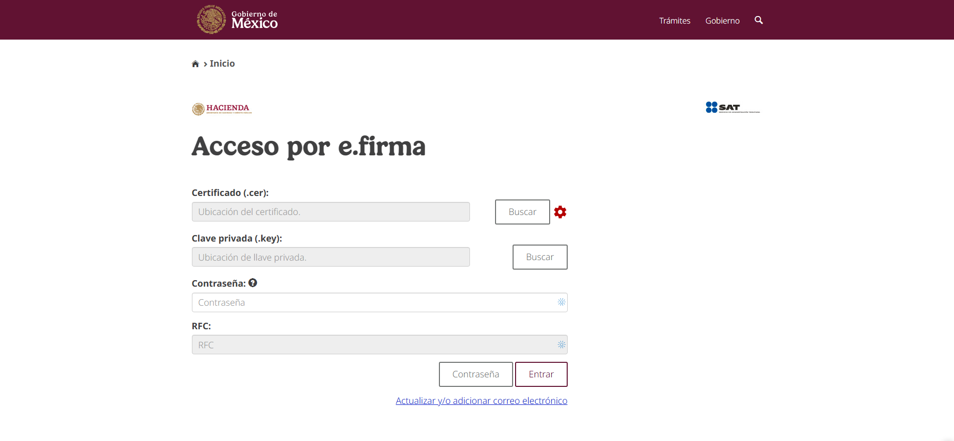 Formulario de autenticación con e.firma en el SAT